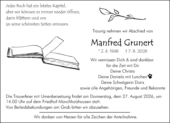 Traueranzeige von Manfred Grunert von Wetzlarer Neue Zeitung
