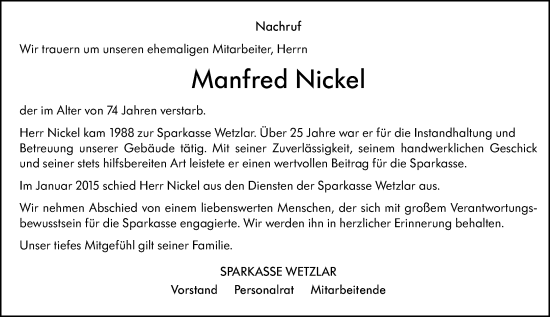 Traueranzeige von Manfred Nickel von Wetzlarer Neue Zeitung