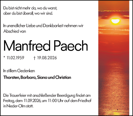 Traueranzeige von Manfred Paech von Allgemeine Zeitung Mainz