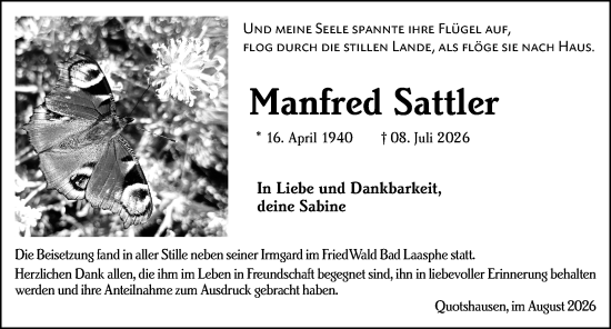 Traueranzeige von Manfred Sattler von Hinterländer Anzeiger