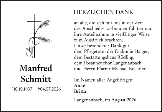 Traueranzeige von Manfred Schmitt von Dill Block