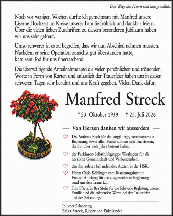 Traueranzeige von Manfred Streck von Wiesbadener Kurier