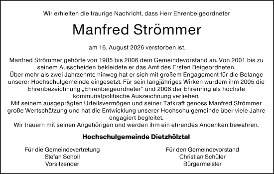 Traueranzeige von Manfred Strömmer von Dill Block