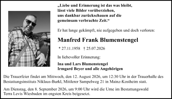 Traueranzeige von Manfred Frank Blumenstengel von Allgemeine Zeitung Mainz