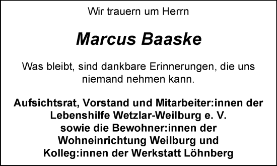 Traueranzeige von Marcus Baaske von Weilburger Tageblatt
