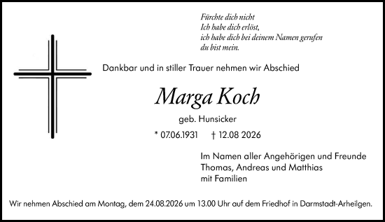 Traueranzeige von Marga Koch von Darmstädter Echo