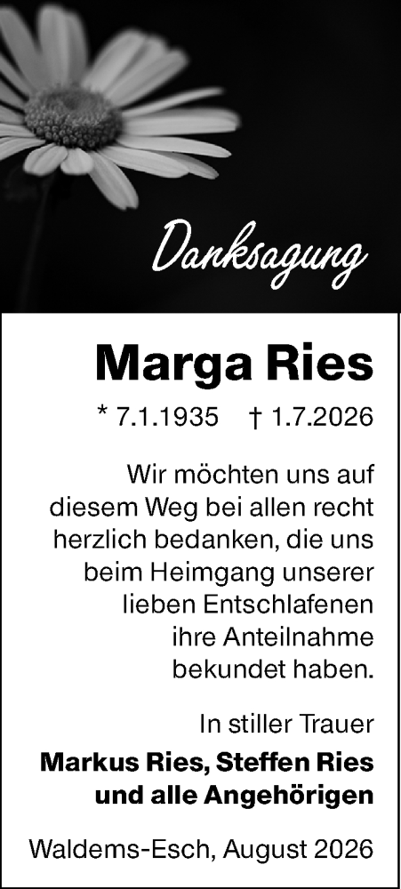 Traueranzeige von Marga Ries von Camberger Anzeiger