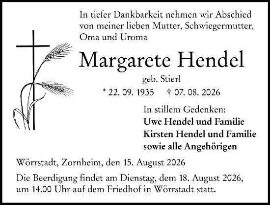 Traueranzeige von Margarete Hendel von Allgemeine Zeitung Alzey