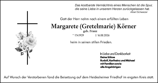 Traueranzeige von Margarete Körner von Allgemeine Zeitung Rheinhessen-Nahe