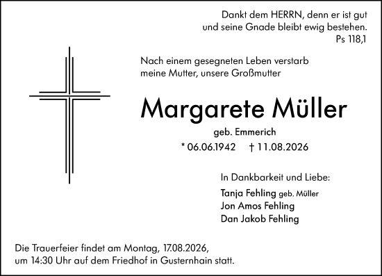 Traueranzeige von Margarete Müller von Dill Block