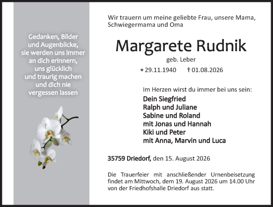 Traueranzeige von Margarete Rudnik von Dill Block