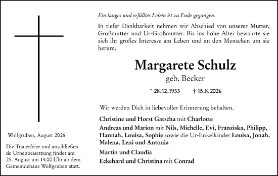 Traueranzeige von Margarete Schulz von Hinterländer Anzeiger