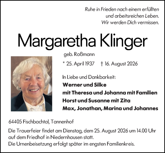 Traueranzeige von Margaretha Klinger von Darmstädter Echo
