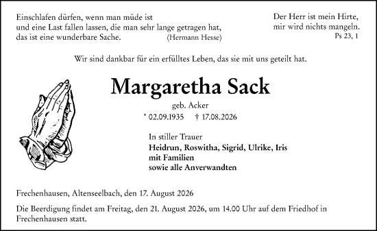 Traueranzeige von Margaretha Sack von Hinterländer Anzeiger
