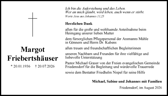 Traueranzeige von Margot Friebertshäuser von Hinterländer Anzeiger