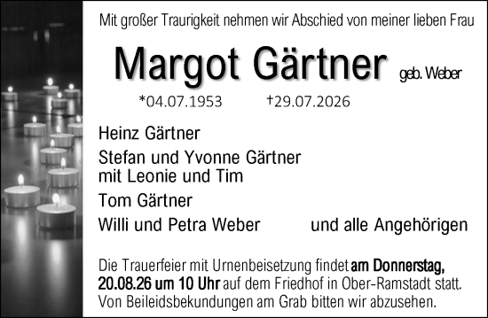 Traueranzeige von Margot Gärtner von Darmstädter Echo
