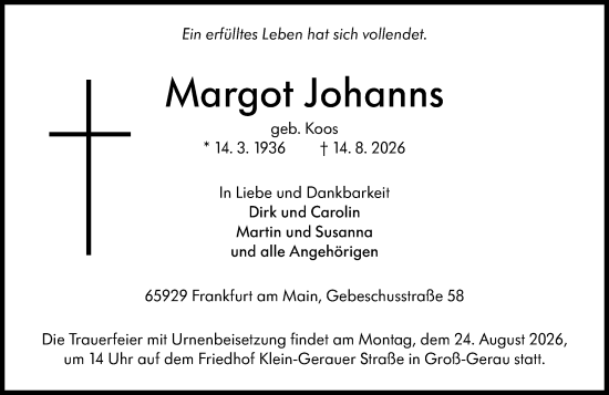 Traueranzeige von Margot Johanns von Groß-Gerauer Echo
