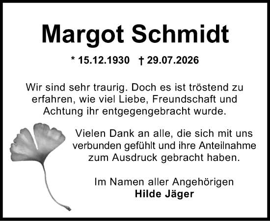Traueranzeige von Margot Schmidt von Darmstädter Echo