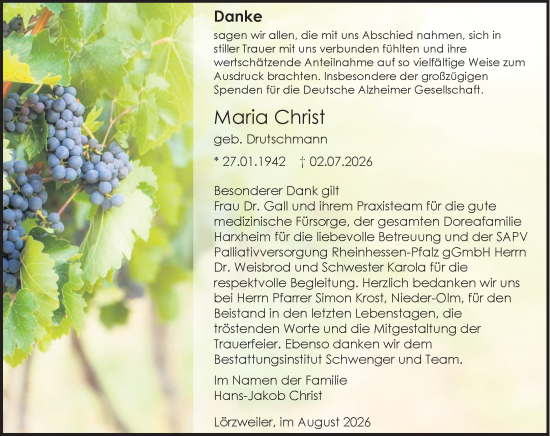 Traueranzeige von Maria Christ von Allgemeine Zeitung Mainz