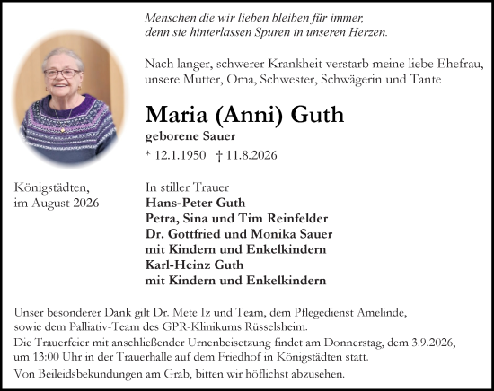 Traueranzeige von Maria Guth von Rüsselsheimer Echo