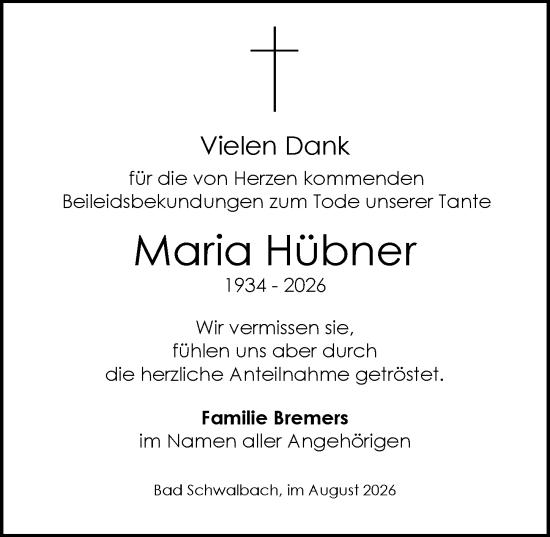 Traueranzeige von Maria Hübner von Idsteiner Land/Untertaunus