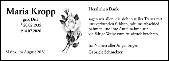 Traueranzeige von Maria Kropp von Allgemeine Zeitung Mainz