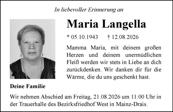 Traueranzeige von Maria Langella von Allgemeine Zeitung Mainz