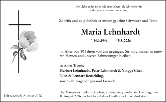 Traueranzeige von Maria Lehnhardt von Weilburger Tageblatt