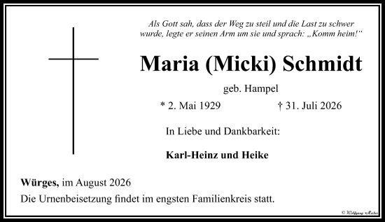 Traueranzeige von Maria Schmidt von Camberger Anzeiger