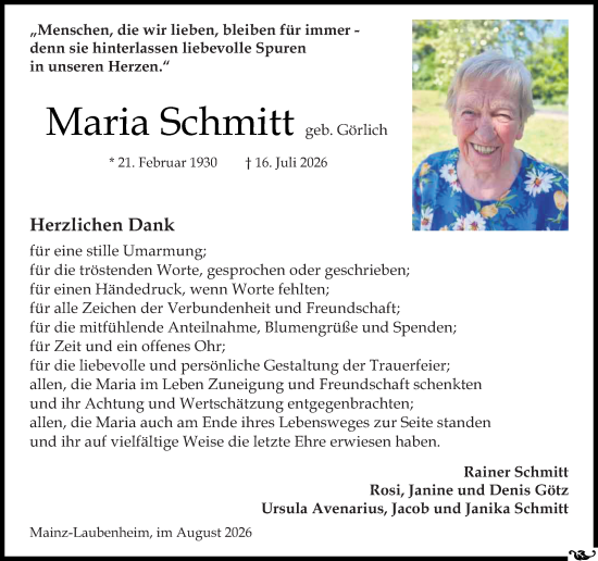Traueranzeige von Maria Schmitt von Allgemeine Zeitung Mainz