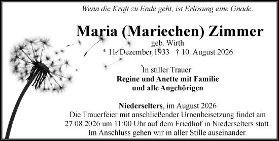Traueranzeige von Maria Zimmer von Camberger Anzeiger