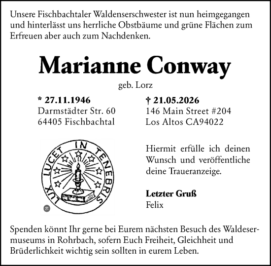 Traueranzeige von Marianne Conway von Darmstädter Echo