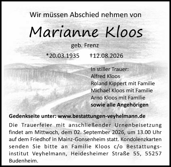 Traueranzeige von Marianne Kloos von Allgemeine Zeitung Mainz