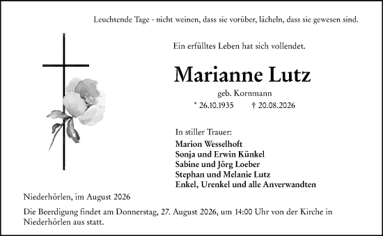 Traueranzeige von Marianne Lutz von Hinterländer Anzeiger