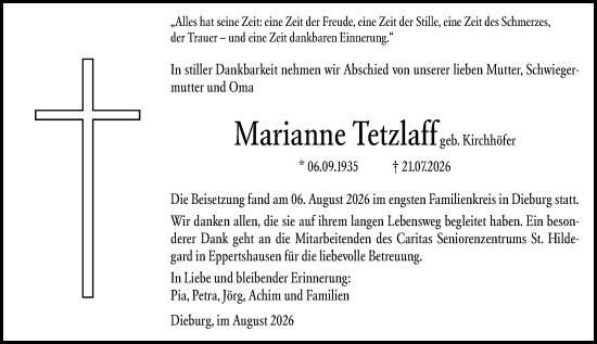 Traueranzeige von Marianne Tetzlaff von Dieburger Anzeiger/Groß-Zimmerner Lokal-Anzeiger