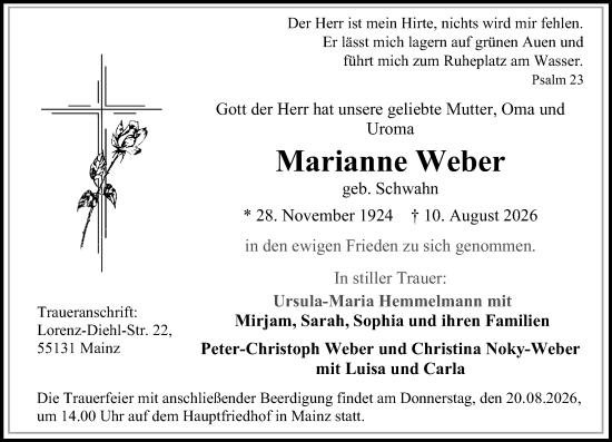 Traueranzeige von Marianne Weber von Allgemeine Zeitung Mainz