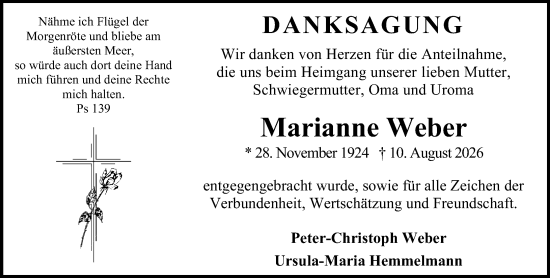 Traueranzeige von Marianne Weber von Allgemeine Zeitung Mainz