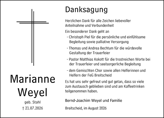 Traueranzeige von Marianne Weyel von Dill Block