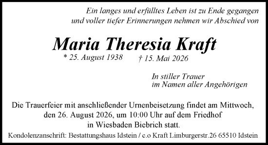 Traueranzeige von Maria Theresia Kraft von Wiesbadener Kurier