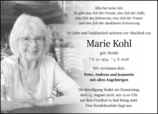 Traueranzeige von Marie Kohl von Odenwälder Echo