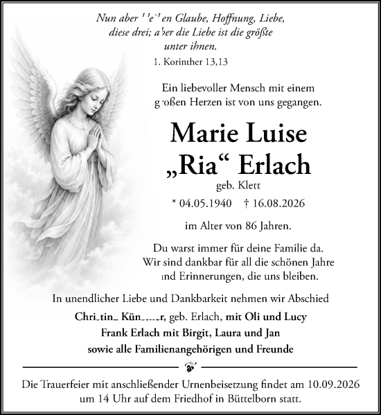 Traueranzeige von Marie Luise Erlach von Groß-Gerauer Echo