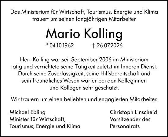Traueranzeige von Mario Kolling von Allgemeine Zeitung Mainz