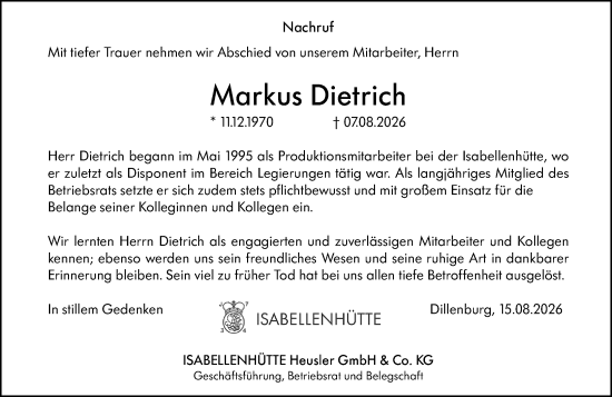 Traueranzeige von Markus Dietrich von Dill Block