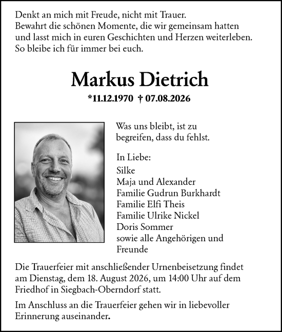 Traueranzeige von Markus Dietrich von Dill Block