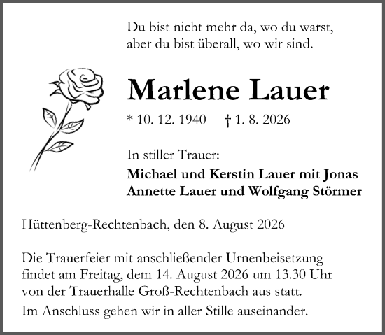 Traueranzeige von Marlene Lauer von Wetzlarer Neue Zeitung