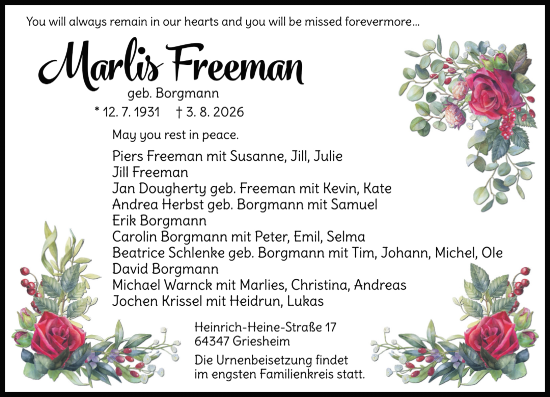 Traueranzeige von Marlies Freeman von Darmstädter Echo