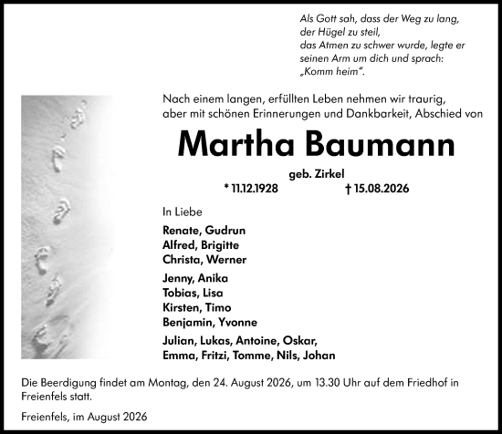 Traueranzeige von Martha Baumann von Weilburger Tageblatt