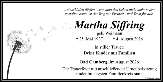 Traueranzeige von Martha Siffring von Camberger Anzeiger
