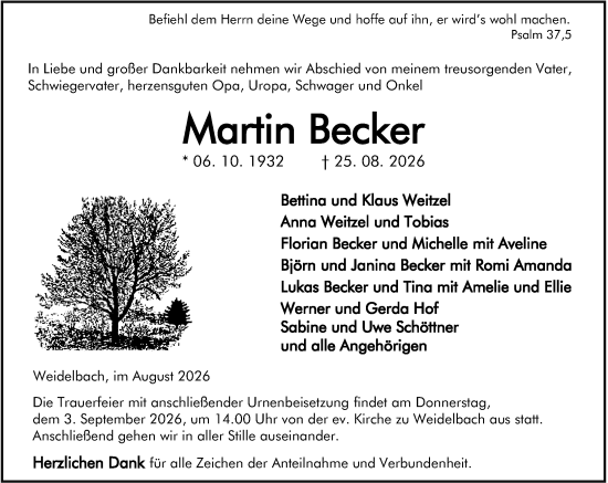 Traueranzeige von Martin Becker von Dill Block