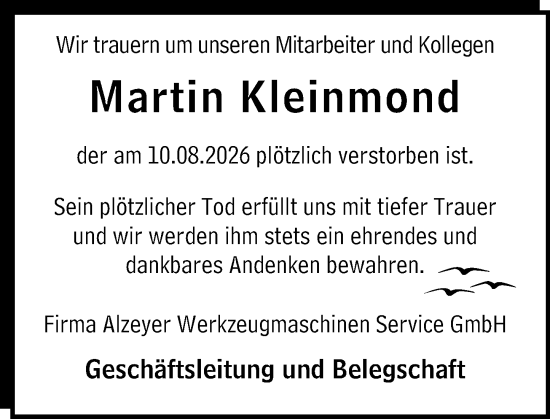 Traueranzeige von Martin Kleinmond von Allgemeine Zeitung Alzey